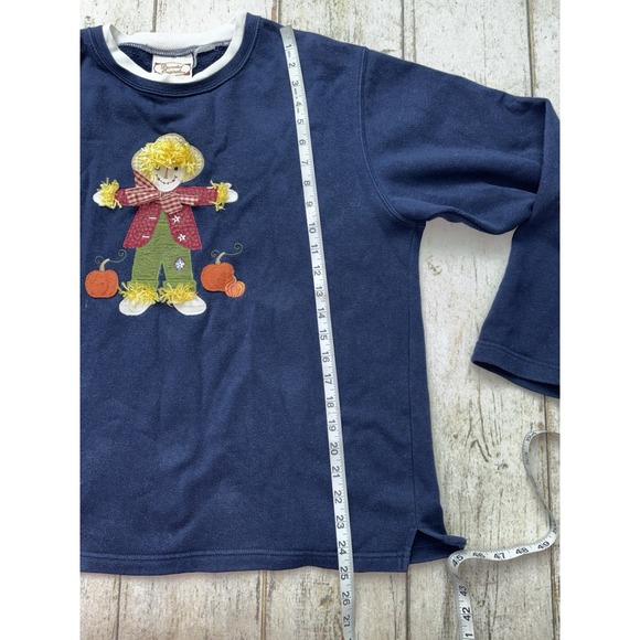 Vintage Embellished Happy Fall Y'all Scarecrow Pumpkins cozy Blue Sweatshirt - Picture 7 of 7